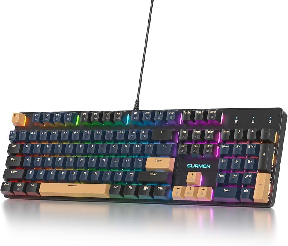 surmen Full Size Creamy Keyboard with Number Pad, 104 Keys RGB Wired Mechanical Gaming Keyboard Backlit with PBT Keycaps Linear Red Switch for Laptop Desktop PC Gamers（104 Blue Samurai）