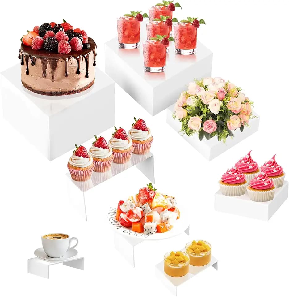 KEAGAN 8 PCS Buffet Riser Acryl Ständer für Präsentation Weiße Buffet Erhöhungen Dessert-Ständer mit hohlen Böden 4 verschiedene Würfelgrößen Displayständer Dessert Tisch Display Set für Lieferanten