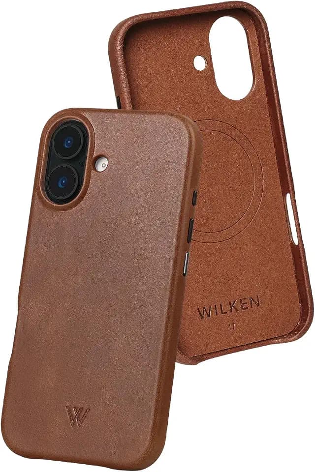 Wilken Leather Slim Phone Case Compatible with iPhone 17 | Compatible with MagSafe & Wireless Charging | Premium Top-Grain Leather Cover with Metal Buttons (17, Brown)
