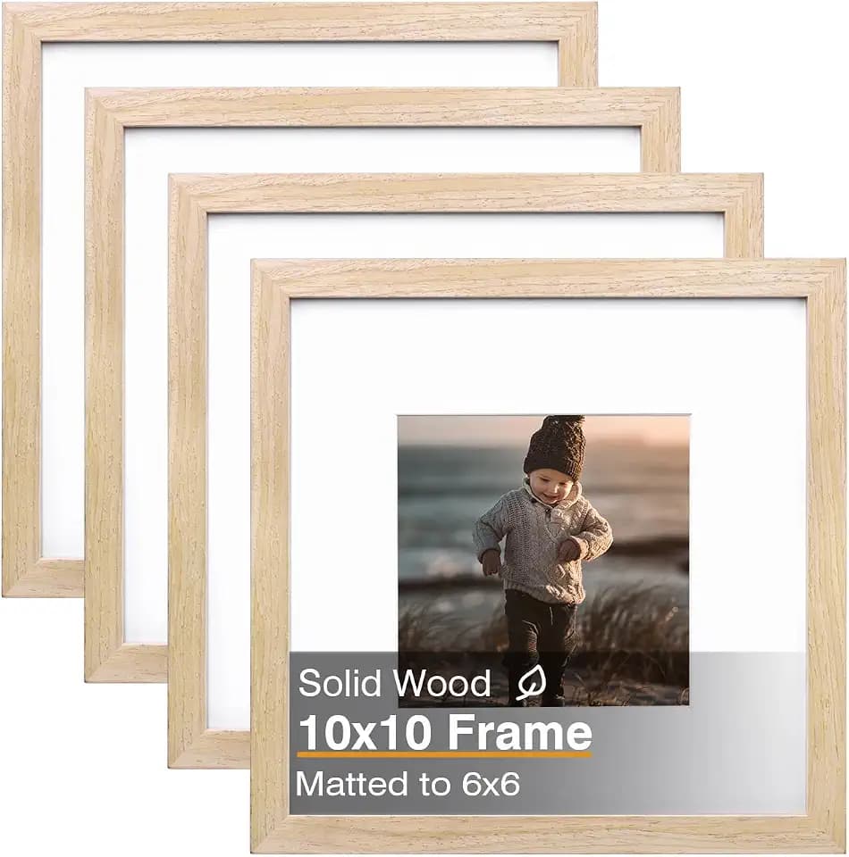 KINLINK 10x10 Picture Frames 4 Pack Natural Solid Wood Square Frames