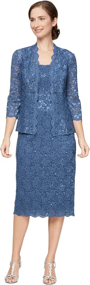 S.L. Fashions Women's Tea Length Sequin Lace Mother of The Bride Dress with Illusion Sleeve Jacket