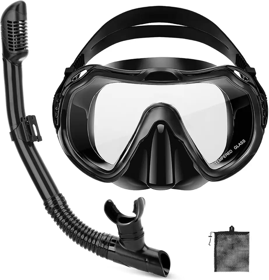 Snorkeling Gear for Adults, Adult Snorkel Set with Panoramic Anti-Leak and Anti-Fog Tempered Glass Snorkel Mask, Dry Top Snorkel, Snorkle Mask Set Adult with Mesh Bag Ear Plug for Snorkeling