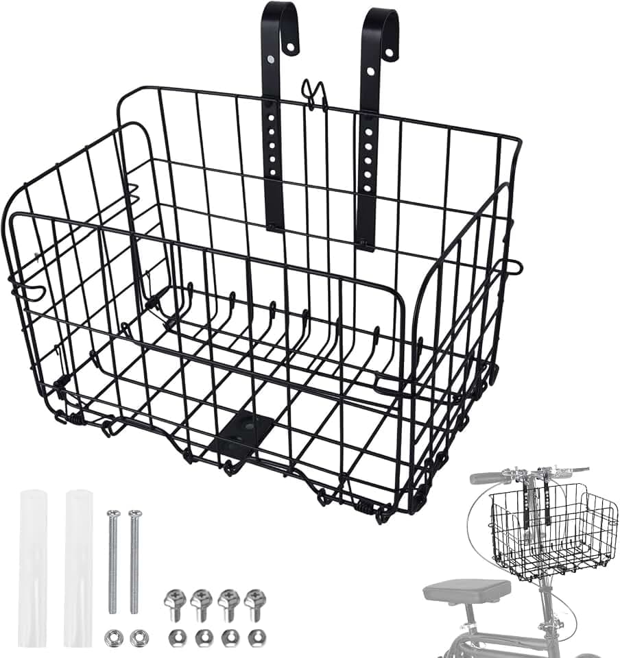 Knee Scooter Basket Accessory, Removable Wire Basket, Fits Most Knee Scooter Models, Easy Installation, Foldable Design, Black Metal Handlebar Mount