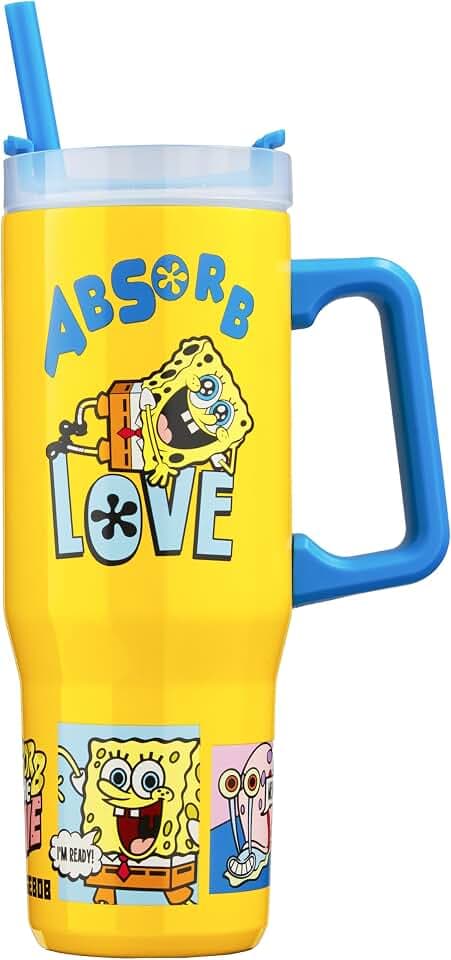 Get Trend SpongeBob Schwammkopf Thermobecher 920ml, Edelstahl Trinkflasche mit Strohhalm und Henkel, 42H Eis 12H Kalt und 8H Heiß, BPA Frei, Geschenkidee (Gelb SpongeBob)