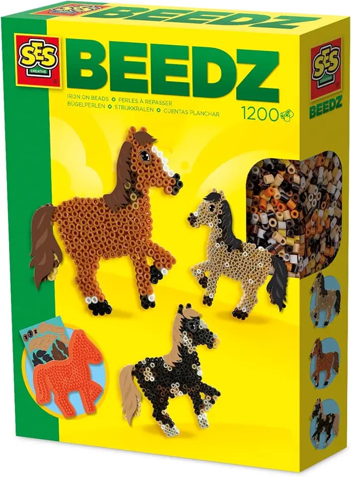 SES Creative Bügelperlen set | Pferd | Bastelset | PVC-Frei | Made in Holland | für Kinder ab 5 Jahren | Diverse Farben | 1200 Bügelperlen mit Platten & Bügelpapier | 06214