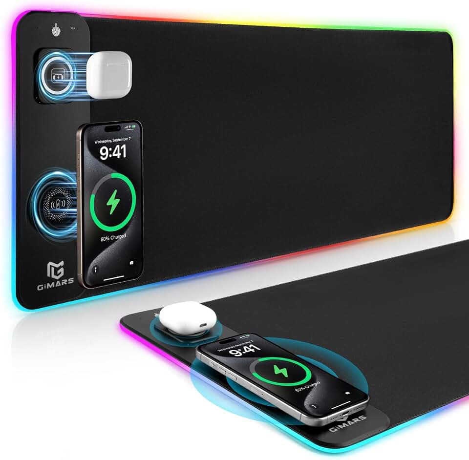 Gimars Upgrade 3 in 1 RGB Gaming Mauspad XXL mit 15W Magnetischem Schnellem Wireless Charging, 800x300x4mm Desk Mat, 15 Farbmodi, Wasserdicht rutschfest mit Glatter Oberfläche Für Home Office PC