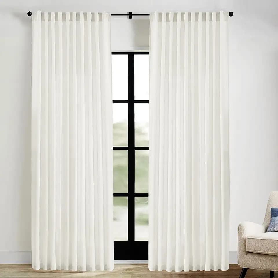 Extra Wide Curtains 70 In Width for 60 & 72 Inch Window,Pleated Back Tab Linen Semi Sheer Full Length Curtains for Living Room Sliding Glass Door 2 Panel Set,72x84,70x84,6FT x 84 Inches Long,Cream