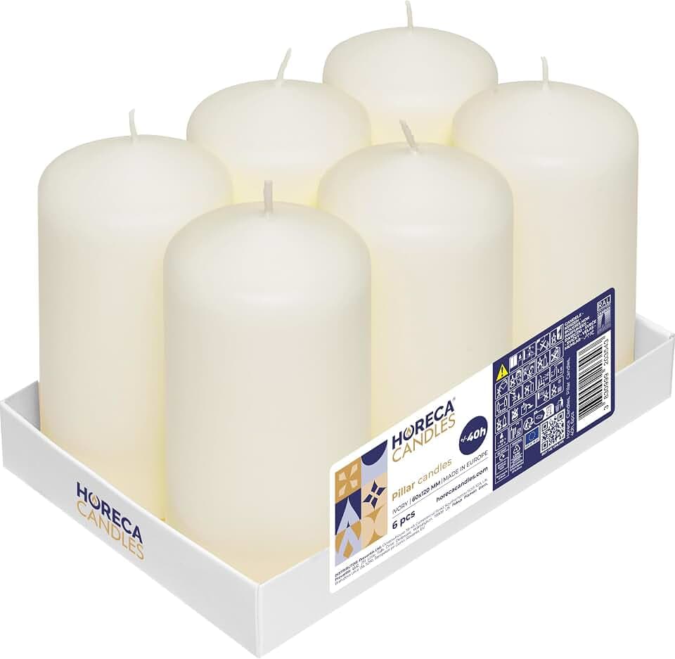 Horeca Candles - Stumpenkerzen - Elfenbein - Ø 6 x 12 cm - 6er Set Blockkerzen - Lange Brenndauer 40 Stunden - Ohne Duft - Kerzen für Haushalt, Feiern und Gastronomie