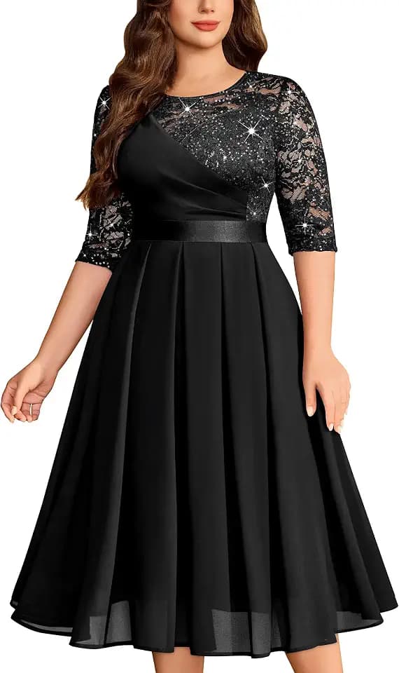 MISSMAY Women's Plus Size Formal Wedding Guest Cocktail Pleated Midi Dress
