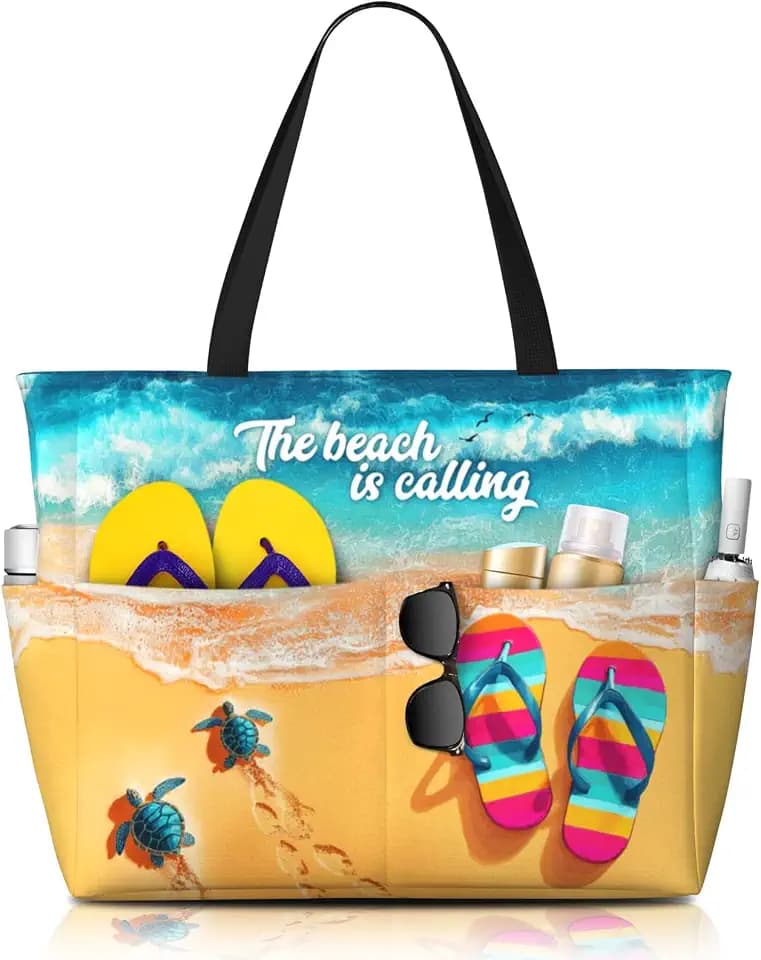 Beach Bag for Women, Large Waterproof Sandproof Tote with Zipper, Foldable Lightweight Swim Bag for Beach Pool Gym