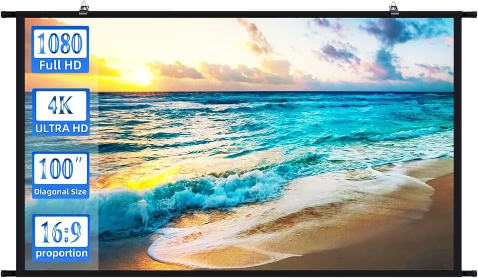 Projection Screen 100“ Portable Projector Screen Indoor Movie Screen with 16:9 4K Full HD Outdoor Projector Screens Wall mounting White Screen for Office presentations Home Theater