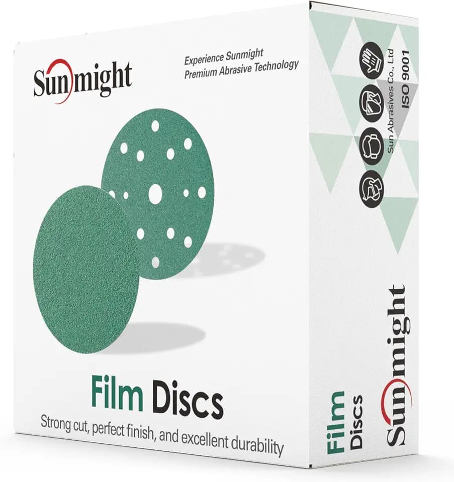 Sunmight Film Grip No Hole 6 Inch Sanding Discs - 120 Grit, Premium Aluminum Oxide - Strong Film Backing for Automotive, Marine, Wood & Metal Applications - Excellent Cutting and Long Life (50 Pcs)