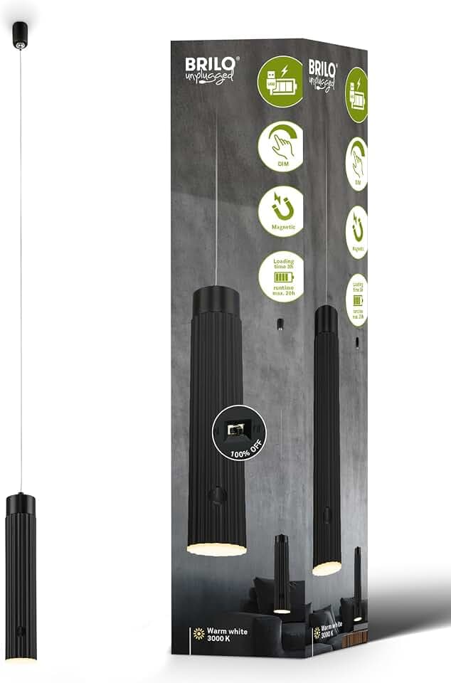 BRILONER - Pendelleuchte Akku, Touch, Dimmbar, Höhenverstellbar, Warmweiß, ohne Stromanschluss, LED Deckenleuchte, Pendelleuchte Esstisch, Wohnzimmerlampe, Hängelampe Esstisch, 4,5x160cm, Schwarz