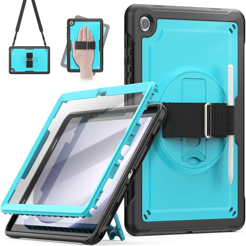 Timecity Case for Samsung Galaxy Tab A9 Plus 11 inch SM-X210/X216/X218: Full-Body Drop Protection Case with Screen Protector, 360 Rotating Stand, Hand Strap, Shoulder Strap -SkyBlue