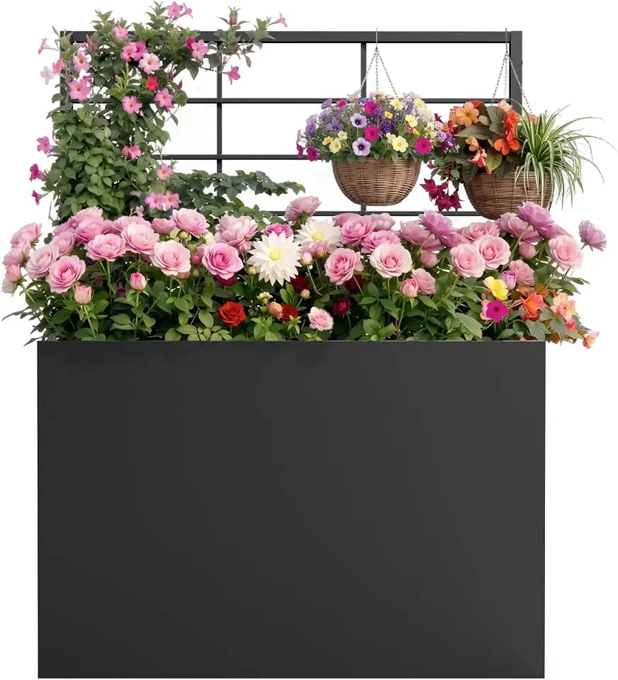 Metal Planter Box with Trellis, 35" Lx11.8 Wx47 H Metal Raised Garden Bed with Trellis and Drainage Holes, Outdoor Standing Flower Bed for Climbing Plants,Vegetables,and Vines