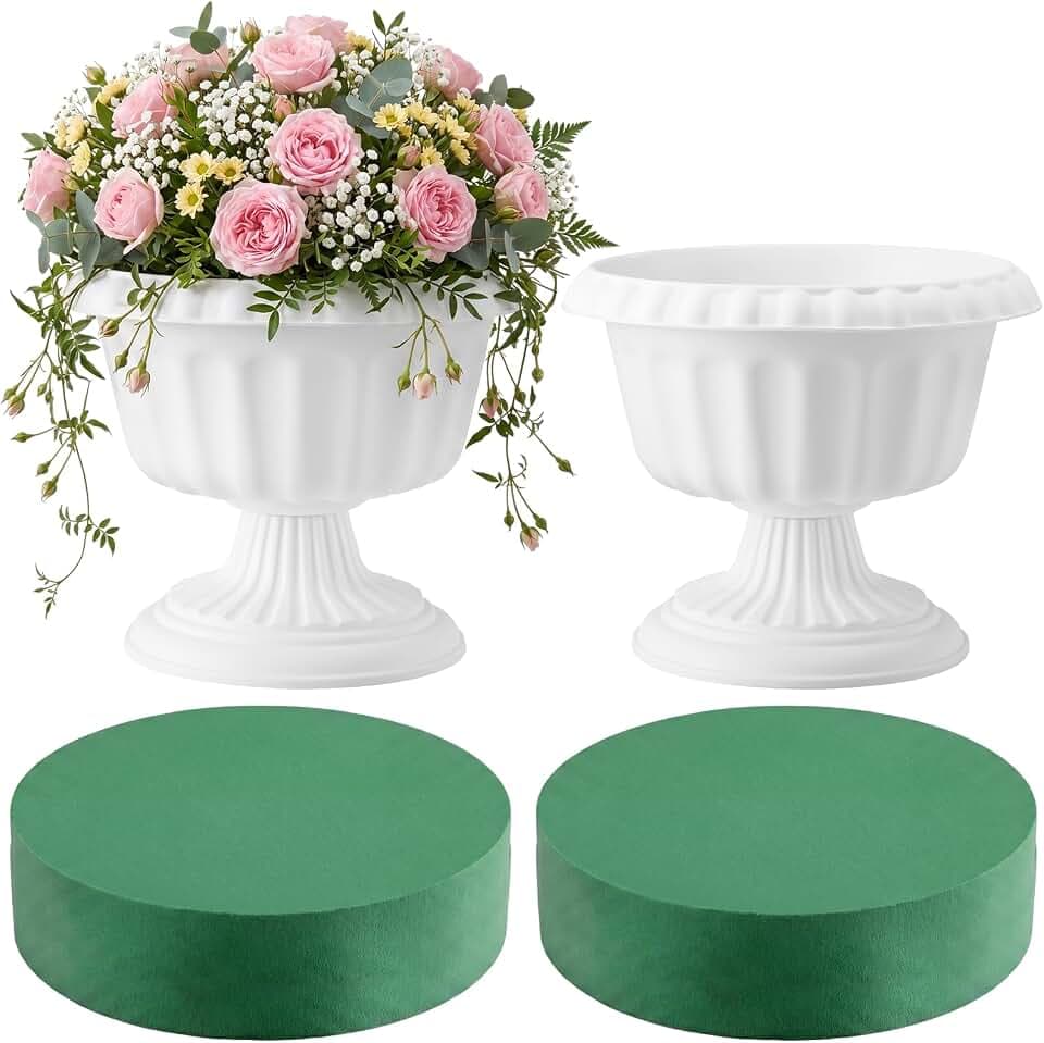 Mumufy 2 Pcs White Roman Urn Planter with 2 Pcs Floral Foam 12'' Flower Pot