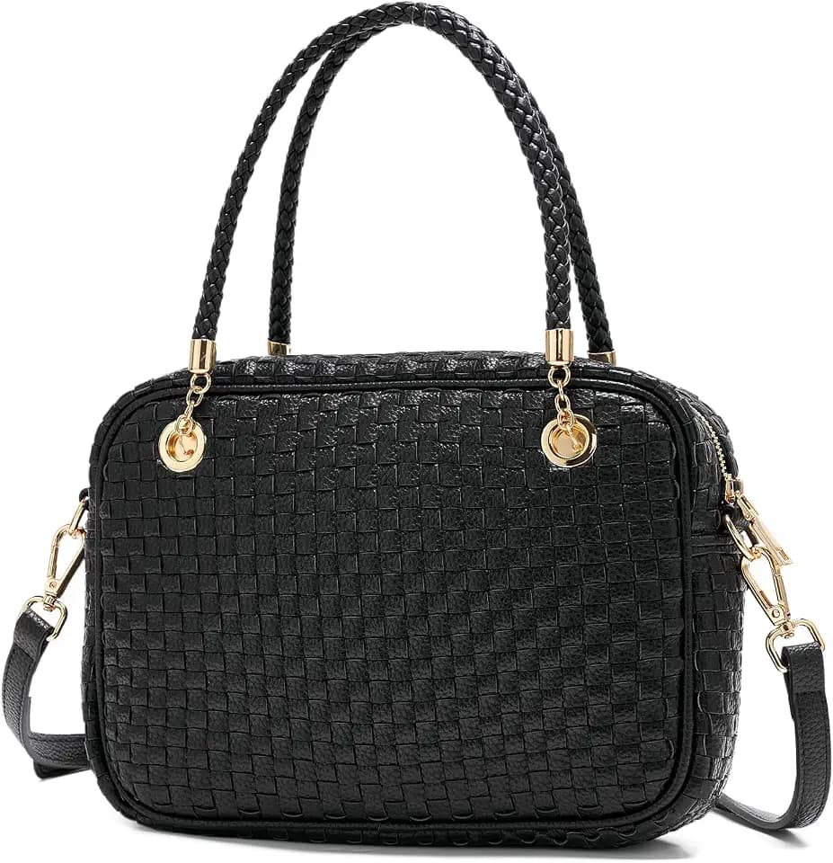 Woven Checkered Crossbody Bag for Women Vegan Leather Satchel Purse
