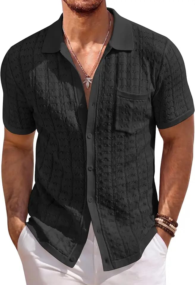 COOFANDY Men's Knit Button Down Shirt Short Sleeve Vintage Polo Shirts Summer Casual Beach Tops