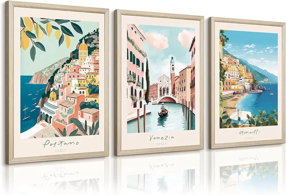 Italy Amalfi Coast Wall Art Italian City Canvas Wall Decor Italy Travel Landscape Wall Art Posters Blue Venice Beach Painting Pictures Italian Modern Artwork for Home 16x24 Inch Wood Framed Set of 3