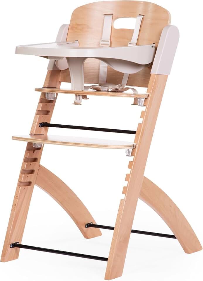 CHILDHOME, Hochstuhl für Babys, mitwachsend : von 0 Monaten bis 85KG, Inklusive Tablett, Buchenholz, Bügel, Sicherer 5-Punkt-Gurt, Unsichtbare Schrauben, Evosit Natur Beige