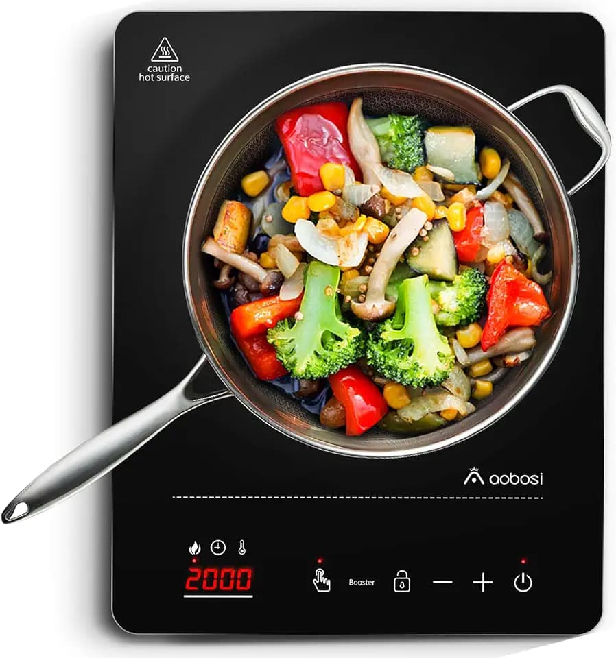 Aobosi Induktionskochplatte,Induktionskochfeld 1 Platte, 20 Leistungsstufen und 20 Temperaturstufen,2000W Tragbares Induktionskochfeld,LED Display,10H-Timer,Booster-Funktion,Silber