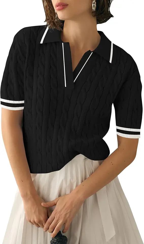 Micoson Womens Short Sleeve Sweater Tops Lapel V Neck Polo Shirts 2026