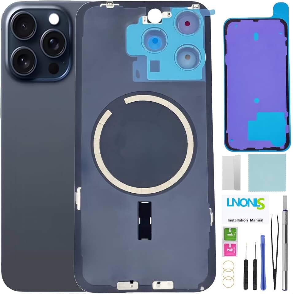 15 Pro Max Back Glass Replacement for iPhone 15 Pro Max Rear Back Cover Glass Waterproof and Camera Lens+Professional Repair Tool Kit (Blue Titanium)