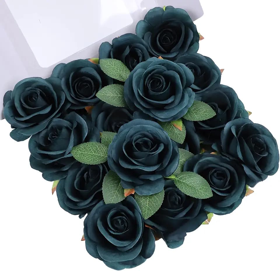 16Pcs Emerald Green Fake Roses Artificial Roses Flowers Realistic Silk Roses with Stems for DIY Wedding Bouquets Party Home Shop Tables Centerpieces Florals Arrangement Decoration