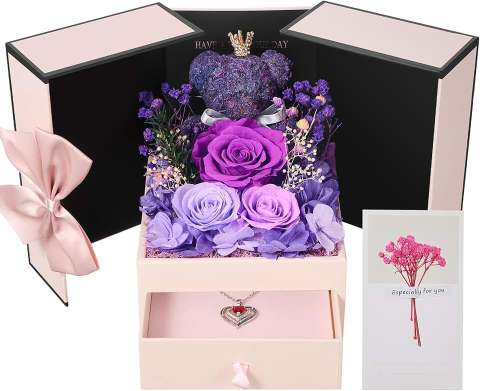 Touloube Ewige Lila Rose Geschenk für Frauen | mit Damen Herz Halskette | Infinity Rose Moosbär Geschenke Box für Mama Frauen Ehefrau Freundin Oma | Geburtstag Valentinstag Muttertag Jahrestag