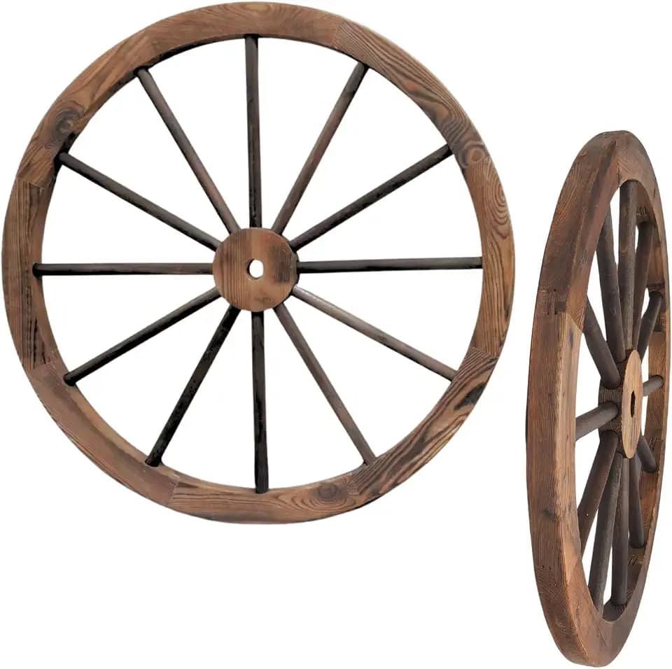 Rustic Western Wood Wagon Wheel Wall Decor Set of 2 | Country Farmhouse Wild West Party Decorations | Home Yard Garden Patio Indoor or Outdoor Cowboy Pioneer Style Garage Bar Decor (Dark Brown 32 Inch)