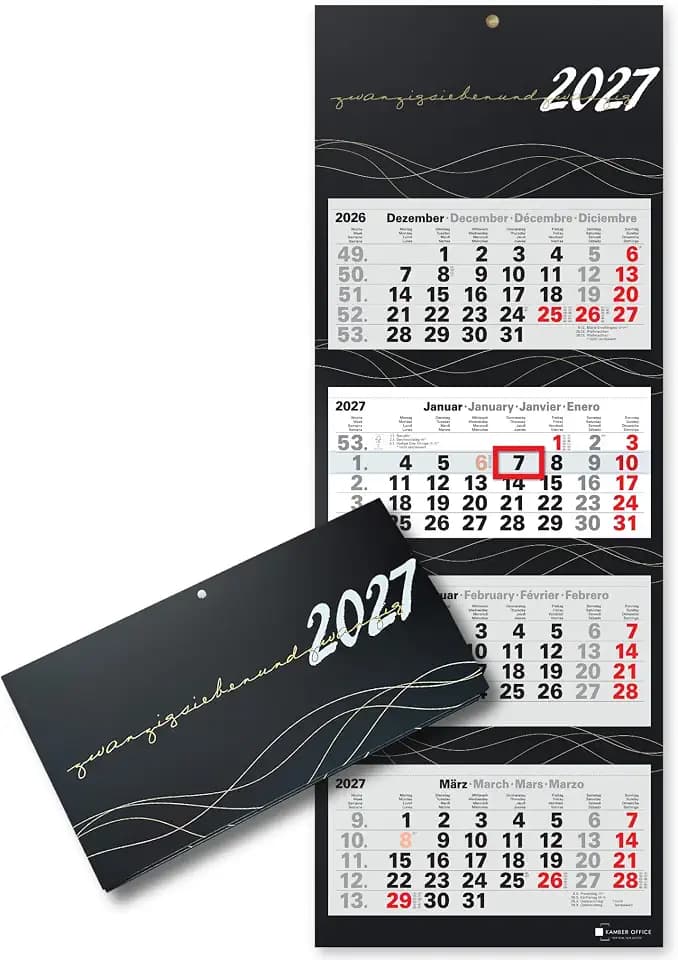 4-Monatskalender 2027 Wandkalender mit Schieber, Schwarz-Gold Wave Edition, Großformat 87,5 x 32 cm Bürokalender, 4-sprachig mit Feiertagen, stabile Rückwand und Metallöse