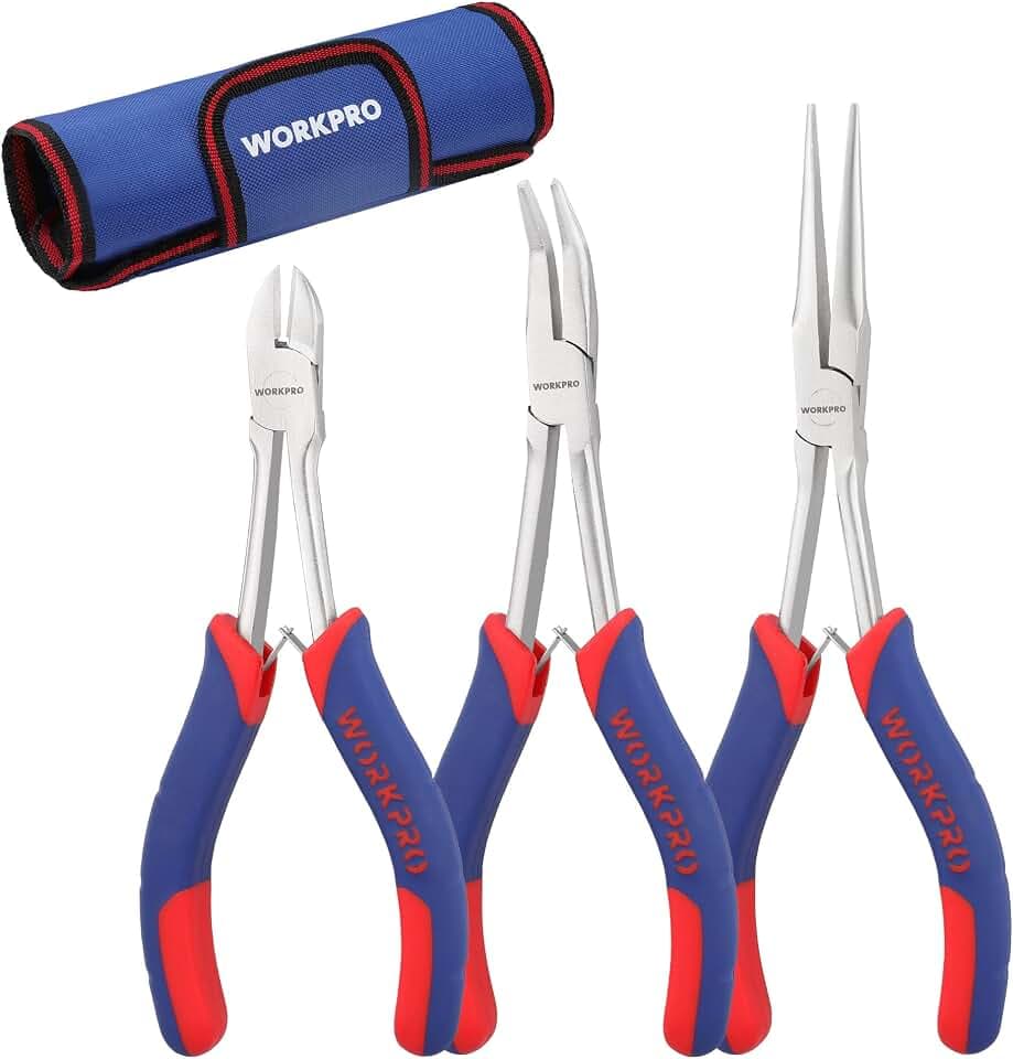 WORKPRO 3PCs Mini Pliers Set, Needle/Bent/Diagonal, 7"/6"/5.5"