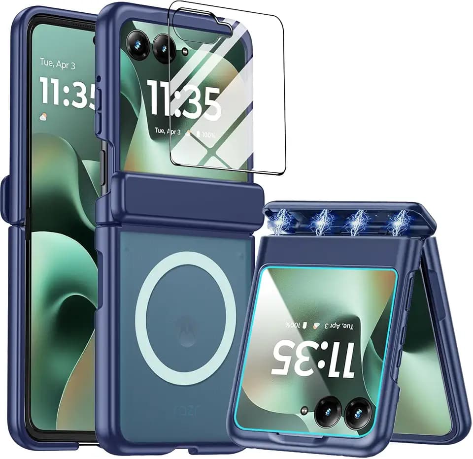 for Motorola Razr 2026/2025/2024 Magnetic Case Compatible with Magsafe,Slim Shockproof Protective Cover with Screen Protector＆Hinge Protection for Moto Razr 2026/2025/2024,Matte Blue