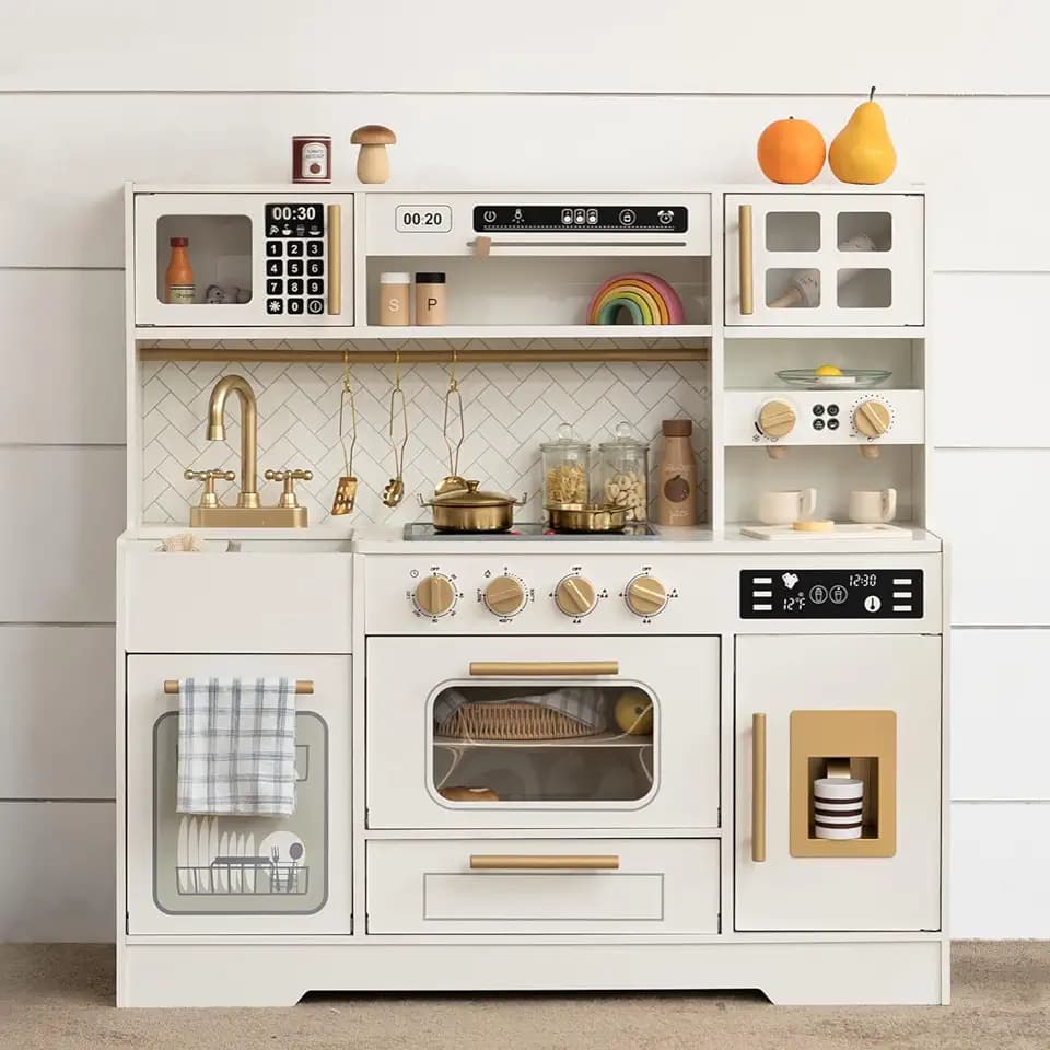 Wooden Play Kitchen for Kids with Real Lights and Sounds for Pretend Play