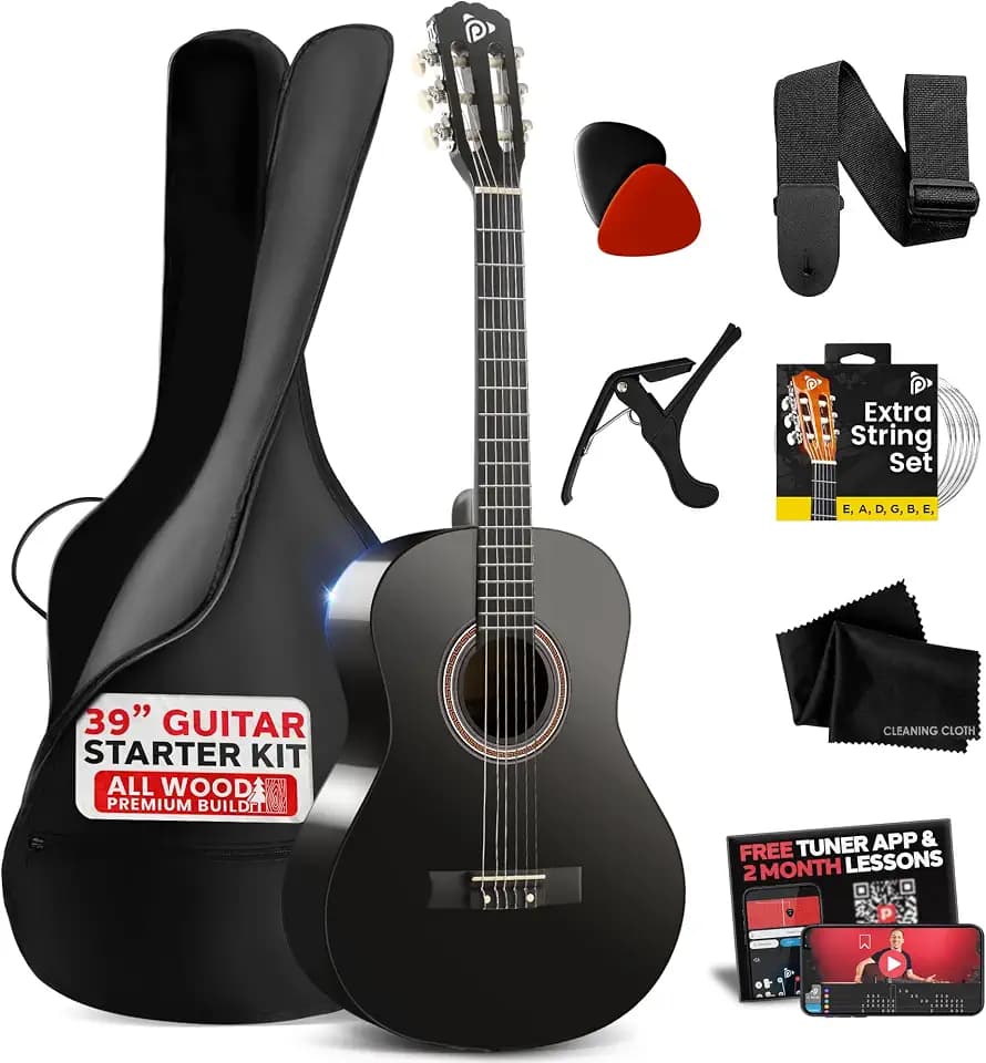 Pyle Beginner Acoustic Guitar Kit, 4/4 Full Size All Wood Build Nylon String Instrument with Capo, Strap, Extra String Set, Gig Bag, Guitars for Beginners Adults Youth, 39" Black Gloss