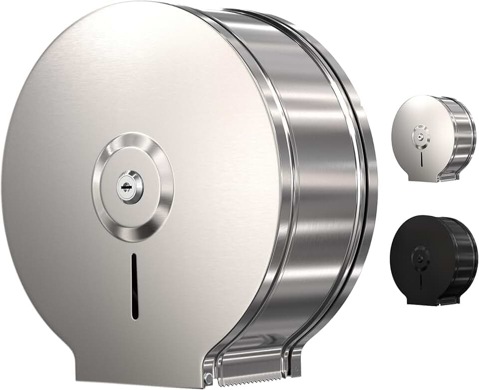 Jumbo Toilet Paper Dispenser-Wall Mount Industrial Toilet Paper Holder, Commercial Grade, Stainless Steel, Locking Bathroom Dispenser for 9" Rolls (Dispensador de Papel de bano) by EnBath (Silver)