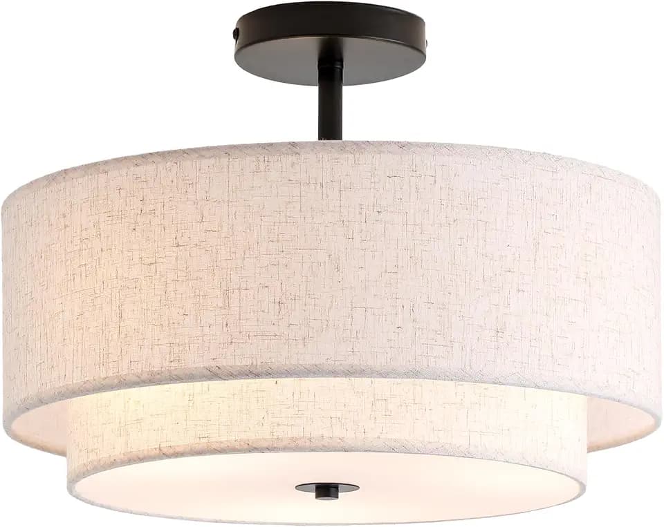 CALOKES 16" Double Drum 3-Light Semi Flush Mount Ceiling Light, Classic Fabric Linen Shade Design for Living Room, Bedroom, Kitchen, Dining Room, Hallway and Entryway