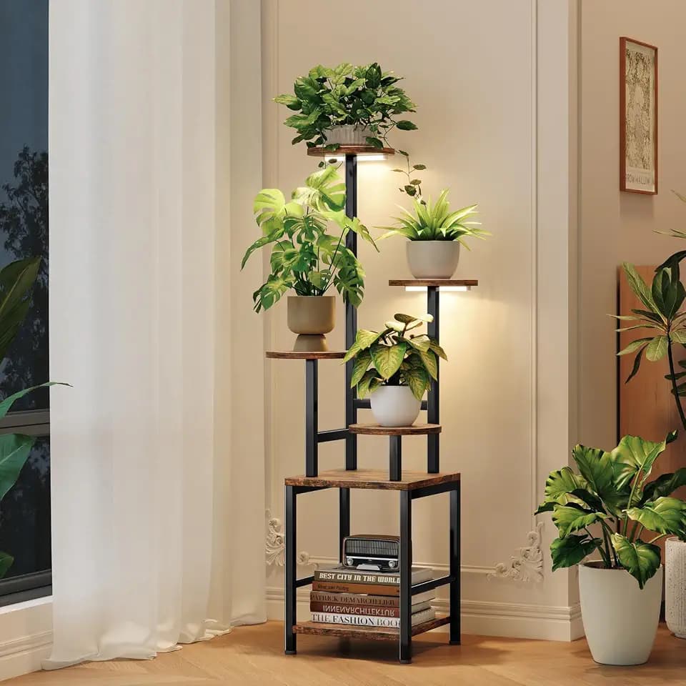 Homsorout Round Plant Stand Indoor with Grow Light, 5-Tiered Tall Plant Stand Indoor, Metal Plant Shelf with Adjustable Light, Ideal for Living Room, Garden, Patio (Black Brown)
