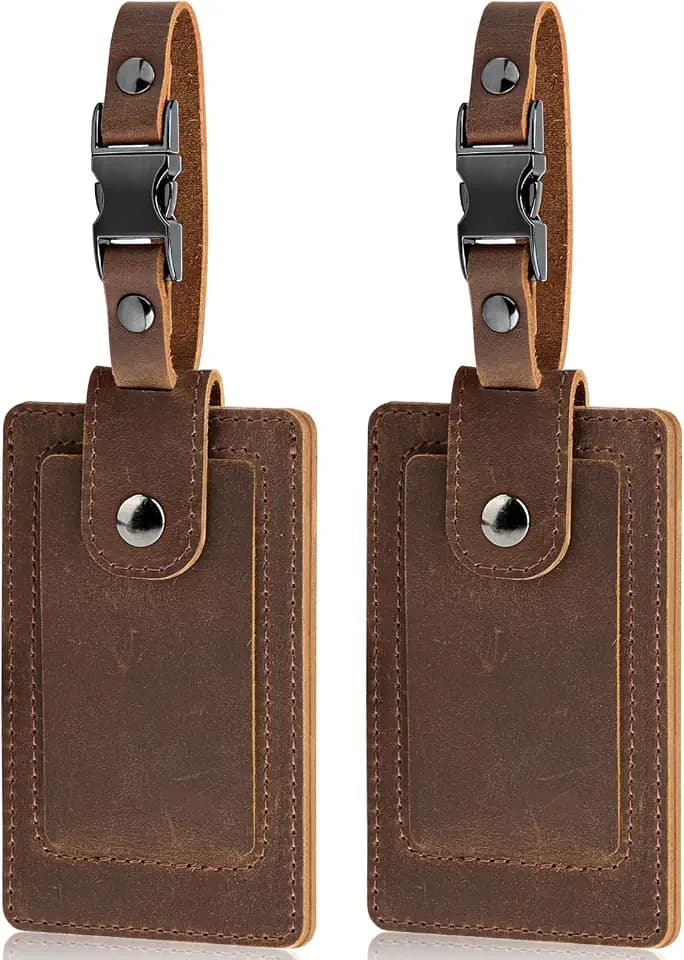 Teskyer Luggage Tags for Suitcases, Premium Genuine Leather, 2 Pack, Coffee