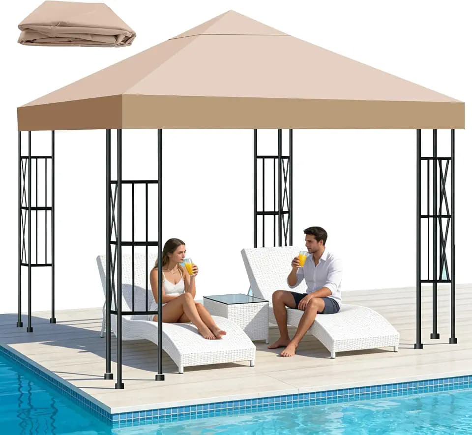 10x10 FT Replacement Top Canopy Replacement Top Gazebo Cover Single Tier Sun Shade Canopy Cover for Shop, Yard, Outdoors Commercial Use Gazebo Canopy Top Replacement (Khaki)