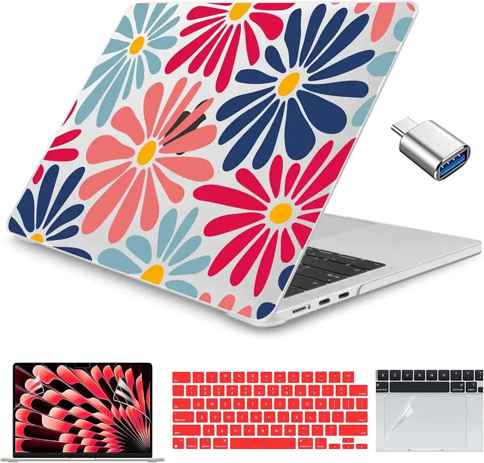 Teryeefi for MacBook Air 13 Inch Case 2025 2024 2023 2022 Model A3240 A3113 A2681 M4 M3 M2 Chip, Plastic Hard Shell & Trackpad Film & USB Adapter for 13。6 inch MacBook Air, Colorful Floral W129