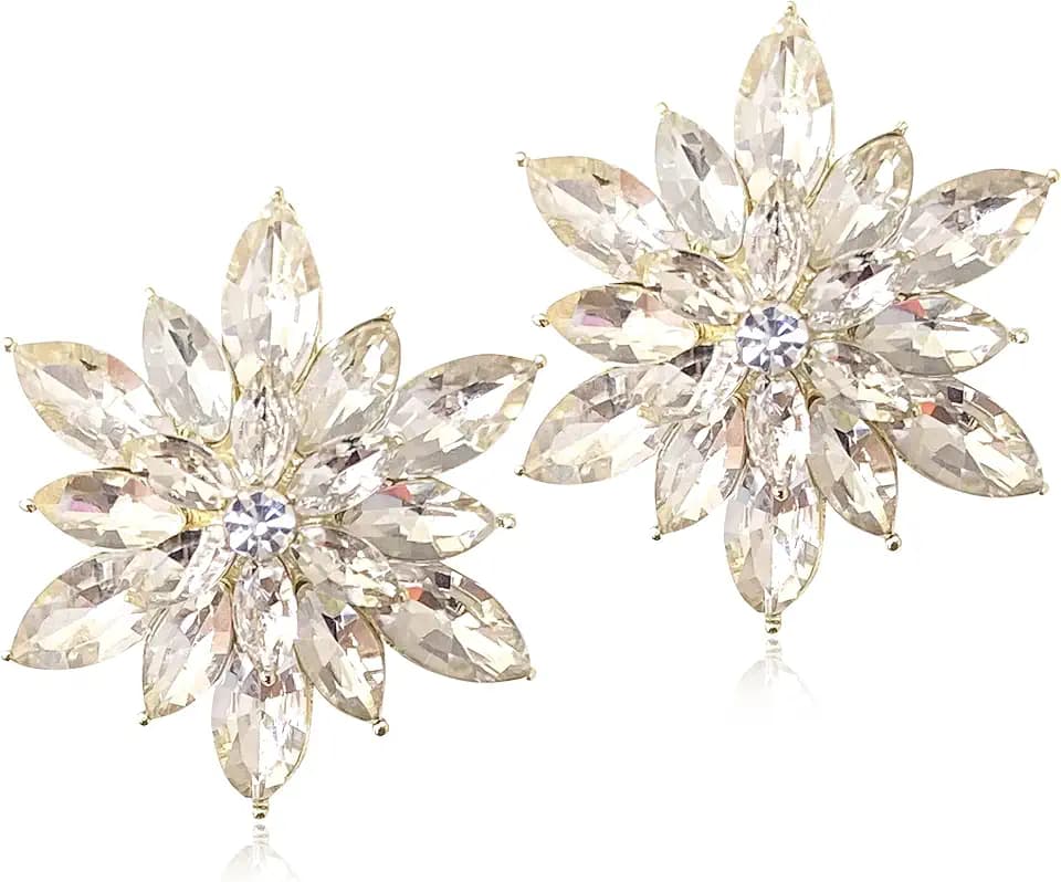 Crystal Flower Burst Stud Earrings - Elegant Hypoallergenic Large Big Sparkly CZ Cubic Zirconia Rhinestone Daisy Sunflower Floral Cluster Flower Stud Earrings Bridal Wedding Party Prom Costume Jewelry for Bride Bridesmaids Women Birthstone Birthday Gift