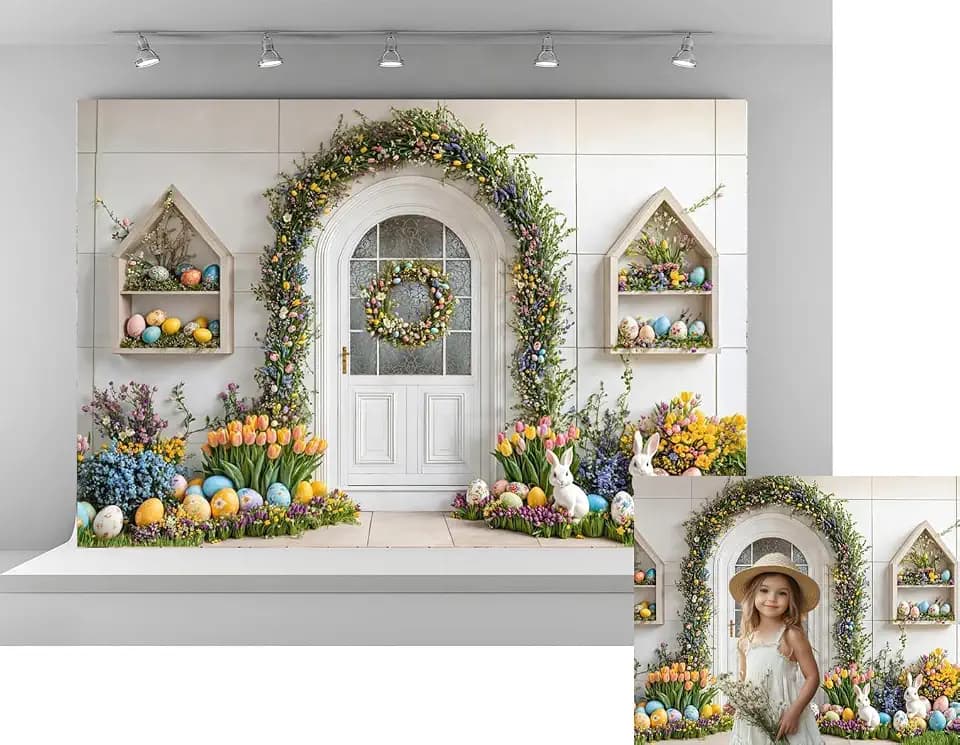 Kate 10x6.5ft Colorful Easter Eggs Backdrops for Photography White Rabbit with Beautiful Flowers Background Celebrate Easter Holiday Studio Backdrop