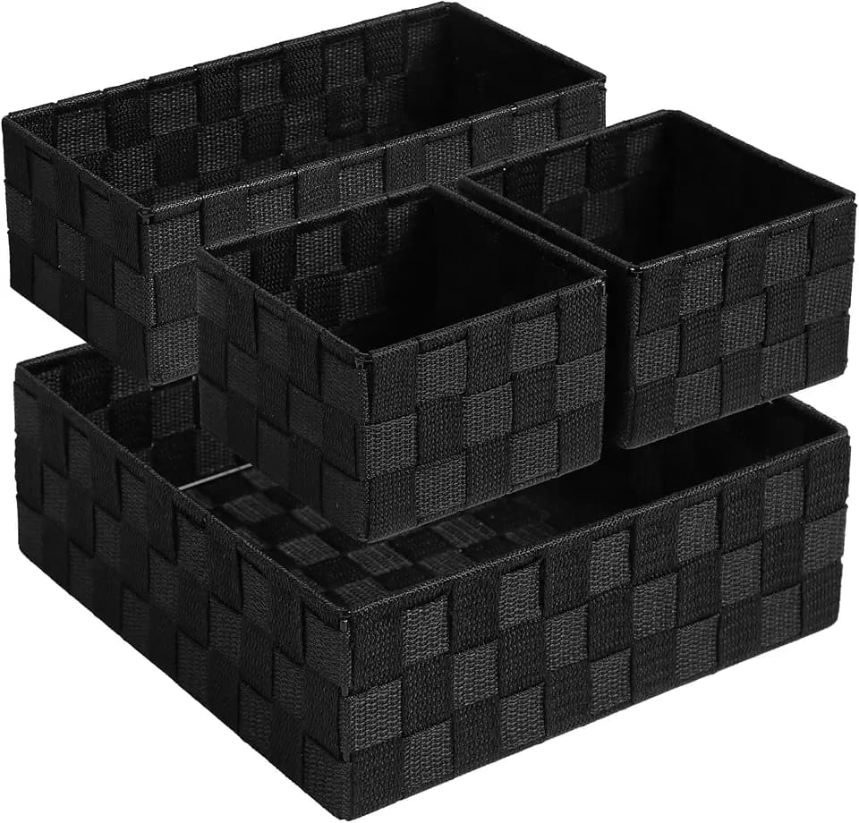 Posprica Small Black Baskets Cube Bin Container Tote,Woven Storage Baskets for Organizing Organizer Divider for Drawer, Closet, Shelf, Dresser, Set of 4
