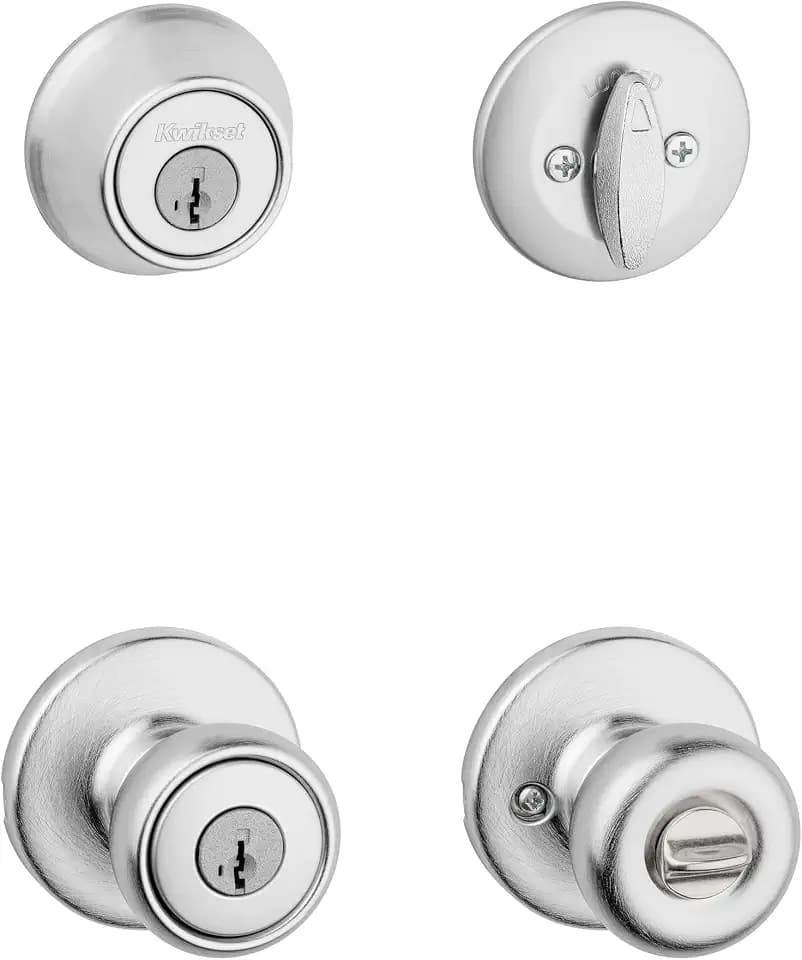 Kwikset Tylo Front Door Lock Handle and Deadbolt Set, Entry Combo Pack Single Cylinder with Entry Door Knob, Satin Chrome, with Microban Protection