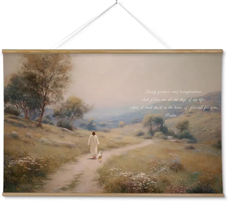 InSimSea 36x54 Extra Large Canvas Scroll Wall Art, Jesus with Sheep Bible Verse Religious Mural Decor, Inspirational Christian Oil Painting Room Picture Aesthetic for Living Room, Prayer Room, Church
