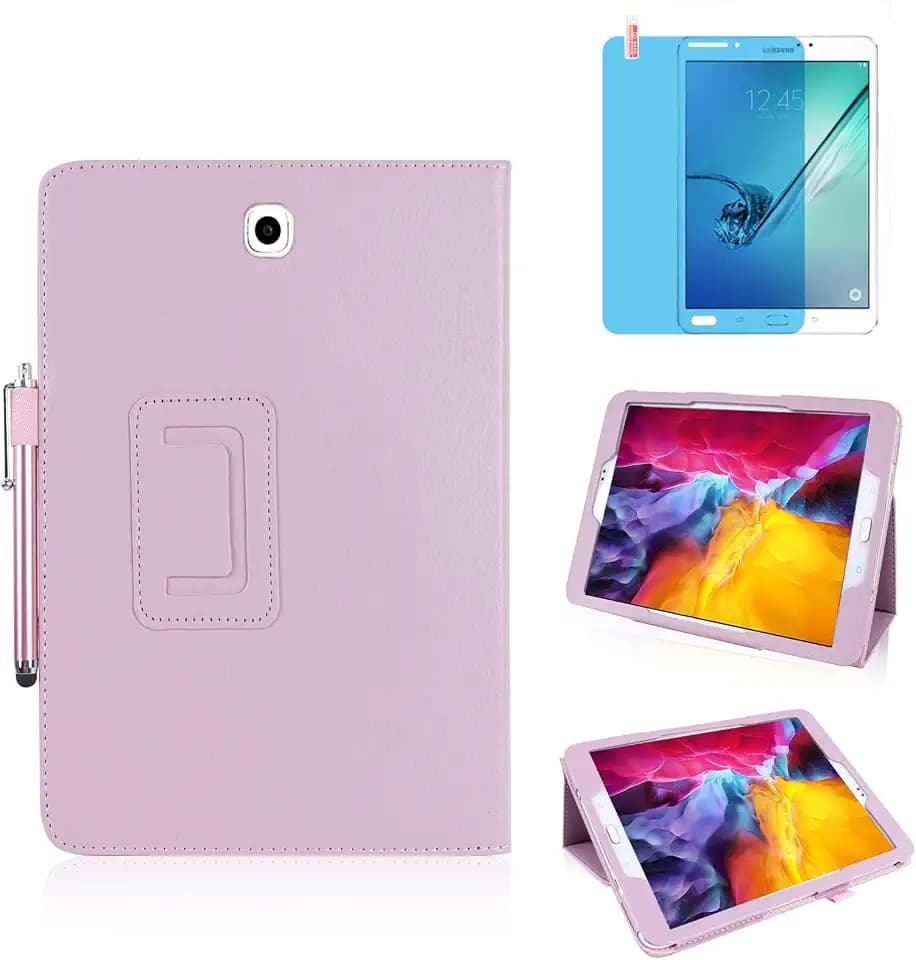 Slim Leather Case for Samsung Galaxy Tab S2 8.0 Inch 2015 (SM-T710 T713 T715 T719), Multi-Angle Stand Full-Protective Tablet Cover Book Case with Stylus Pen,Screen Film (Pink)