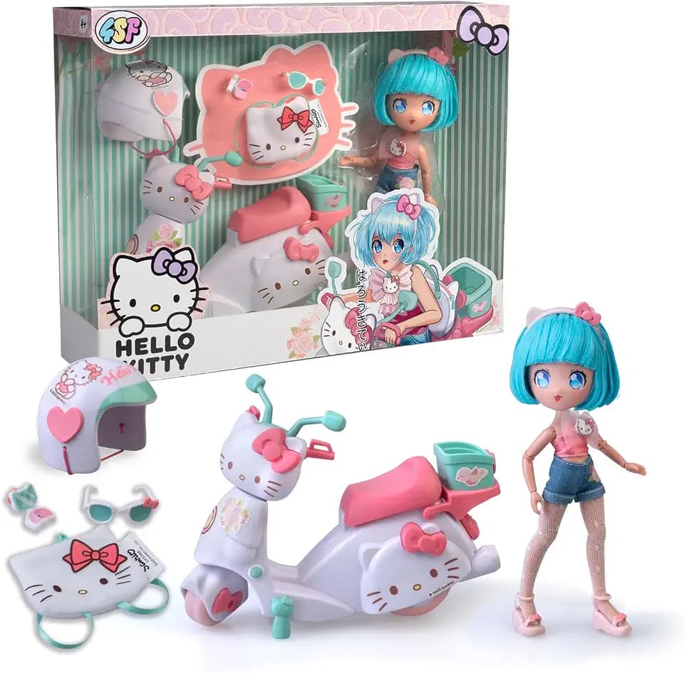 4SF - Hello Kitty Pretty Pink Scooter, Japanische Fashion Puppe mit Motorrad, Figur von 19,5 cm mit 15 Gelenkpunkten, Inklusive Helm und Tasche, Trägt EIN Top mit Mikroschorts, Famosa (HKTF3000)