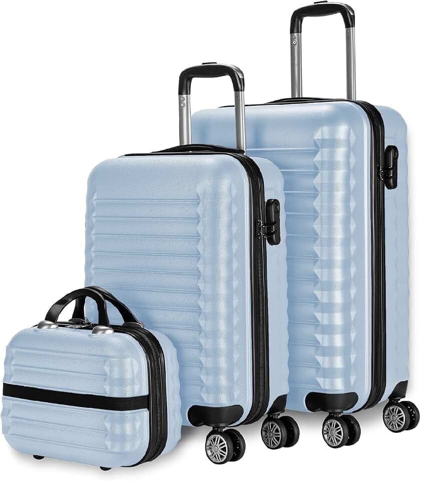 NUMADA - Gepäck-Set und Kulturbeutel 3 Stück Hellblau, mittel 63cm, klein 53cm, ABS, starr, widerstandsfähig, 4 Doppelräder, leicht, seitliches Kombinationsschloss