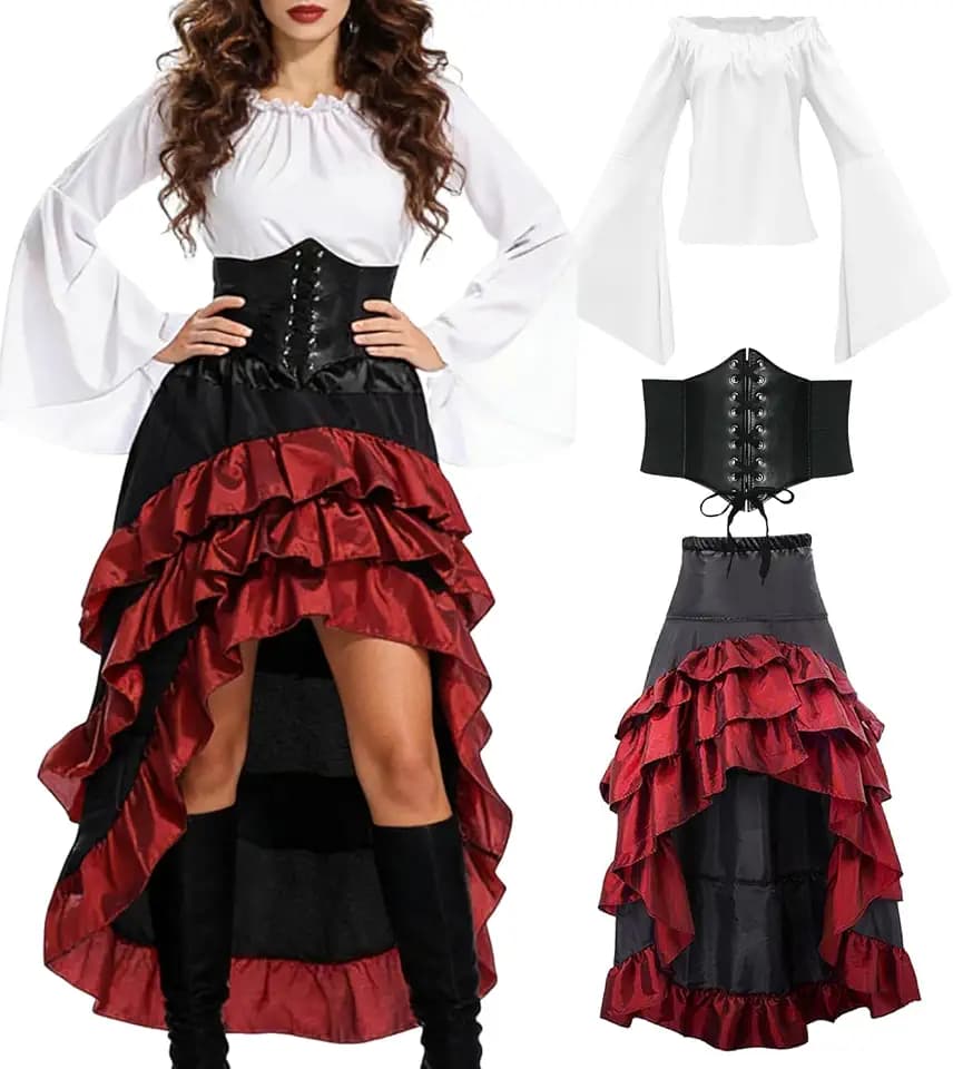 Mittelalter Piratenkostüm Set Mittelalter Kleid Damen mit Piraten Korsett Oberteil Rock Faschingskostüm für Halloween Karneval Cosplay